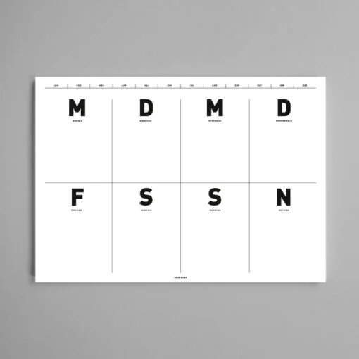 Typografischer Wochenplaner schwarz-weiß mit großen Buchstaben für jeden Wochentag