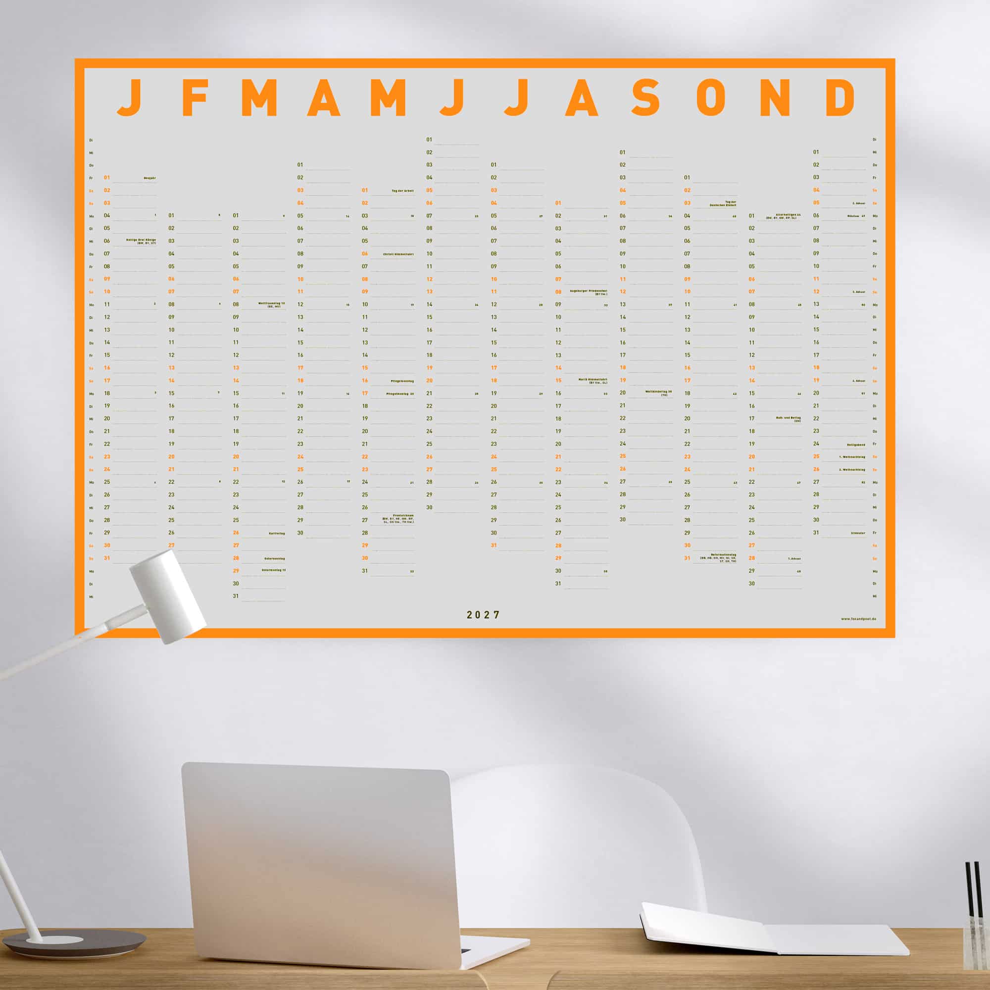Wandkalender 2027 Wendekalender A1 Neonorange weiß, foxandpoet