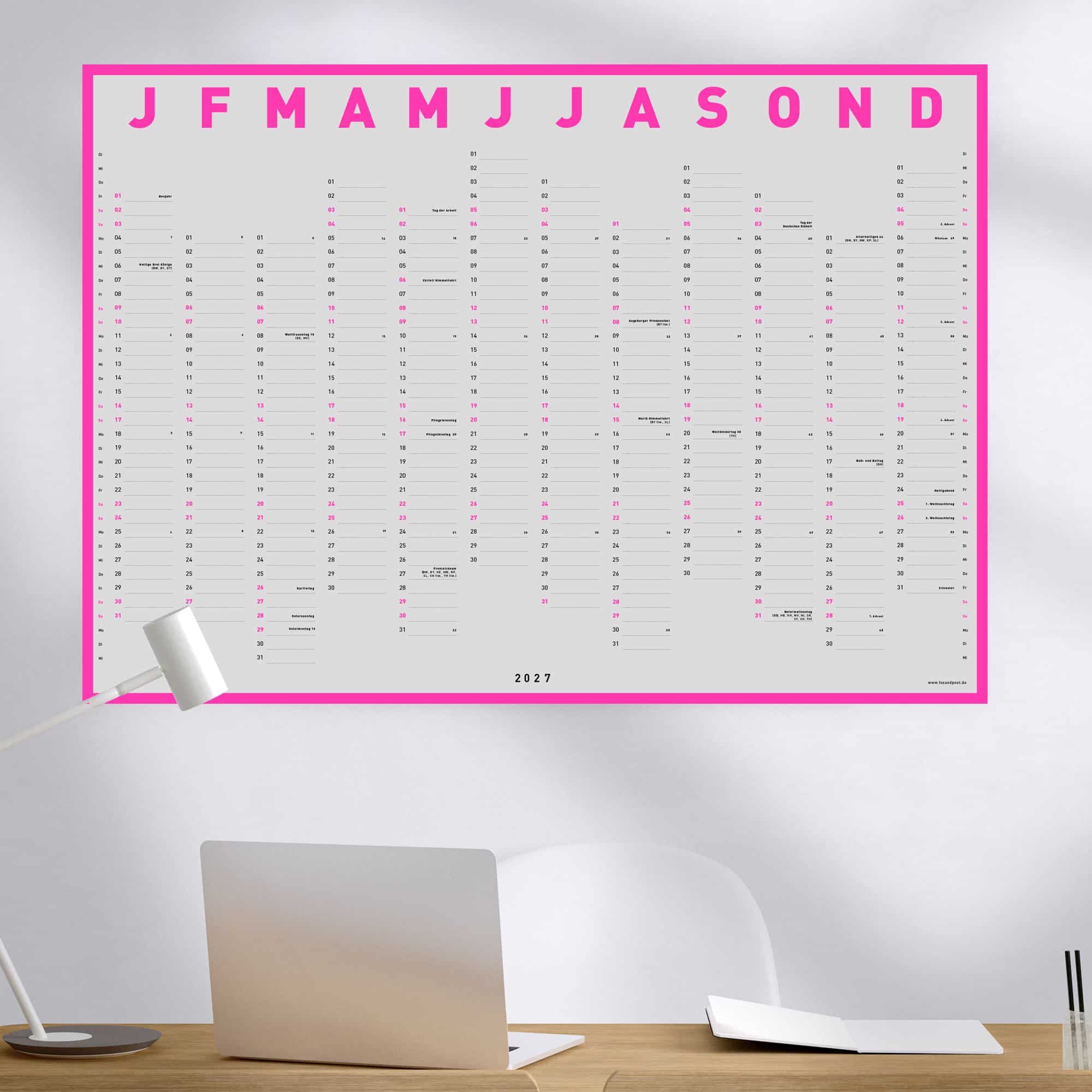 Wandkalender 2027 Wendekalender A1 Pink weiß, foxandpoet