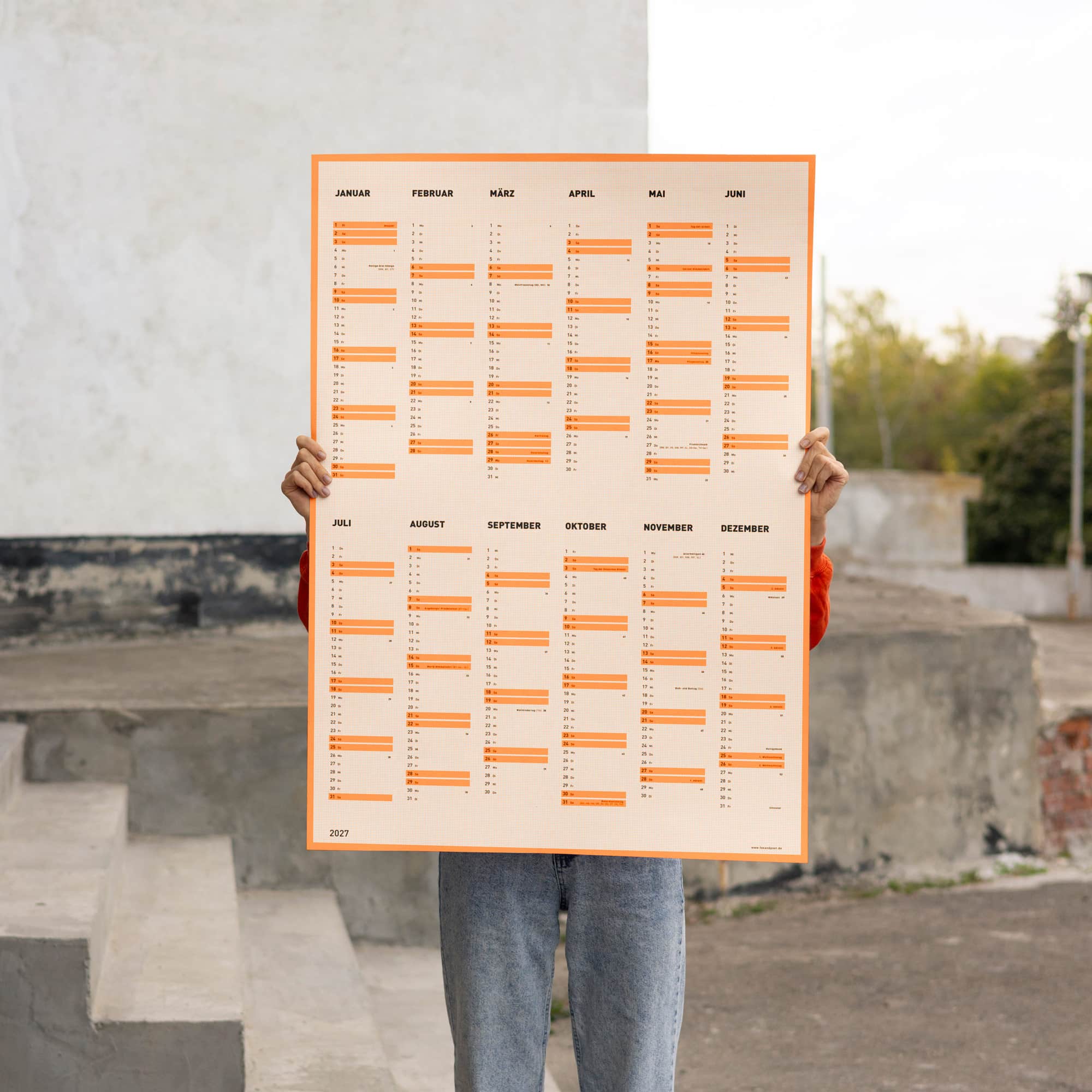 Wandkalender 2027 neonorange Millimeterpapier Hingucker Neon Design