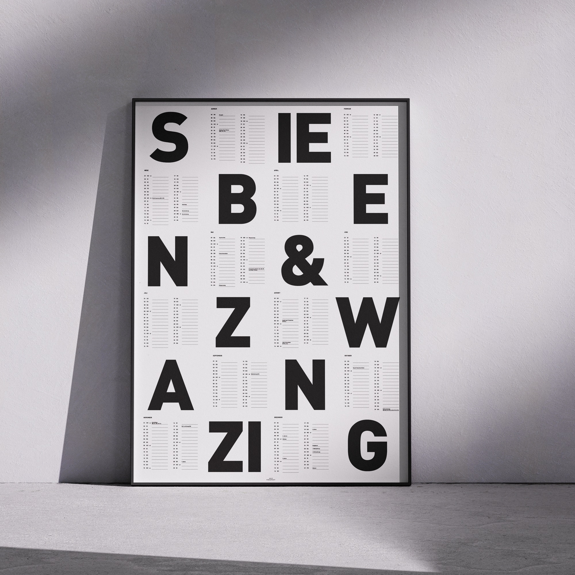 Typografischer Wandkalender für 2027 im A1-Format
